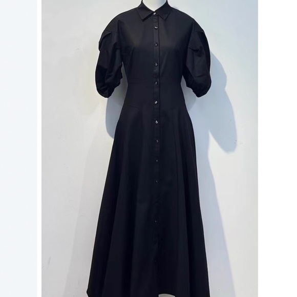 Alexis Amilya Puff-Sleeve Fit & Flare Midi Shirt Dress - Black - Picture 7 of 11